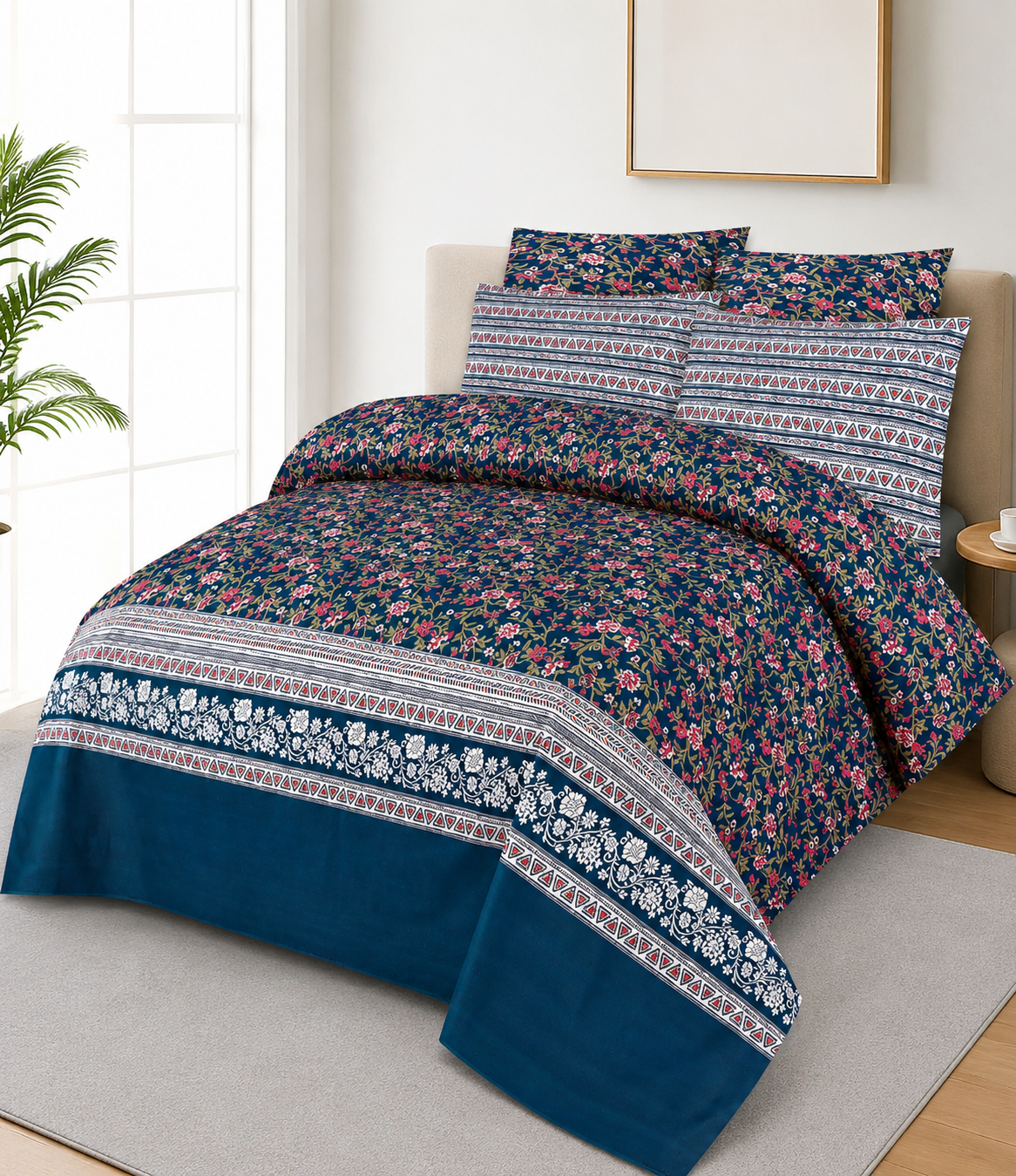 Blue flower 3pc cotton bedsheet