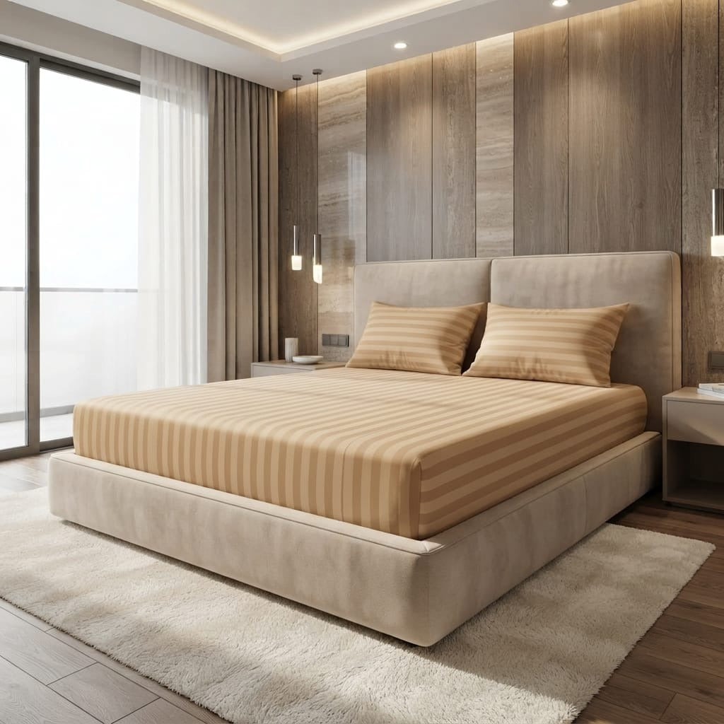 Premium Warm Camel Stripe Bedsheet Set